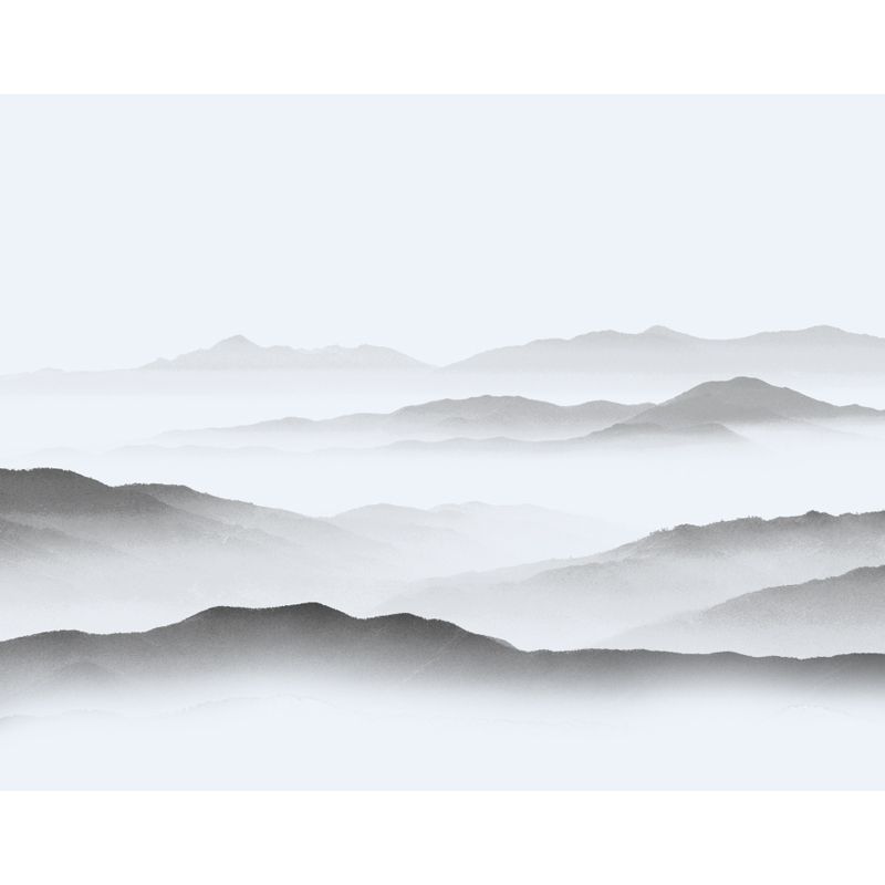Asian Misty Mountain Mural Decal Soft Grey Living Room Wall Covering, Custom Size Available