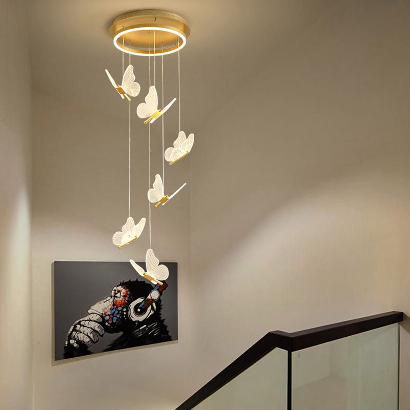 Acrylgold -LED -Hängelampe im modernen künstlerischen Stil Eisen Schmetterling Anhänger Licht für Treppen