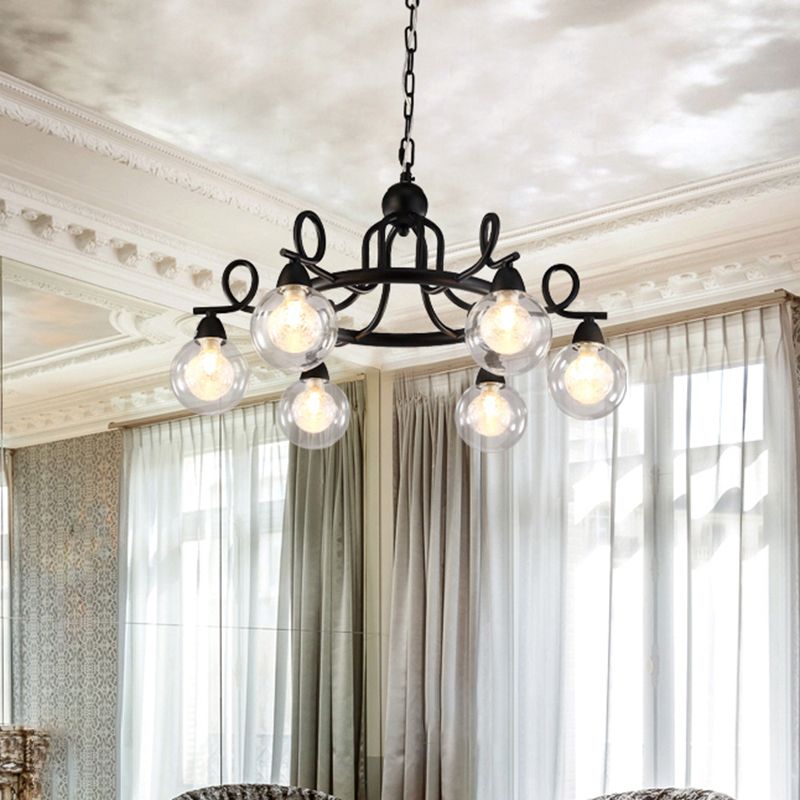 Ball Clear Glass Kronleuchterlampe mit kreisförmigem Design Industrial Multi Lights Schwarzes LED -Hängende Deckenleuchte