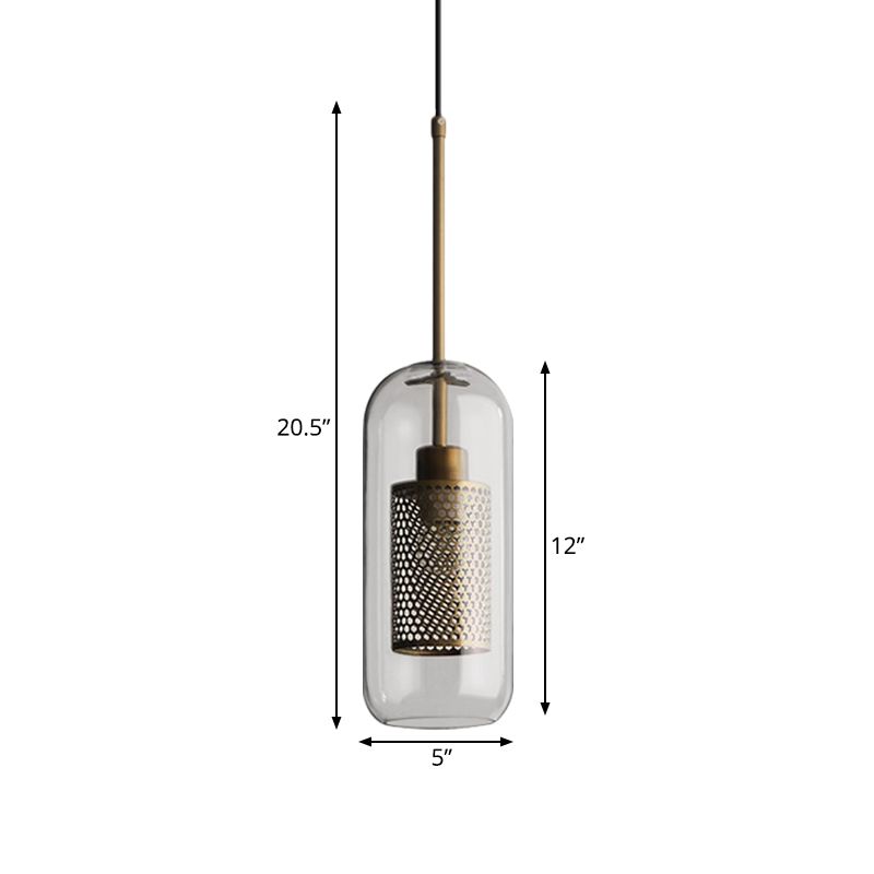 Lámpara colgante de 1 cabeza de bronce malla de metal colonial colgante cilíndrico con sombra de vidrio transparente, 20.5 "/24.5" de alto