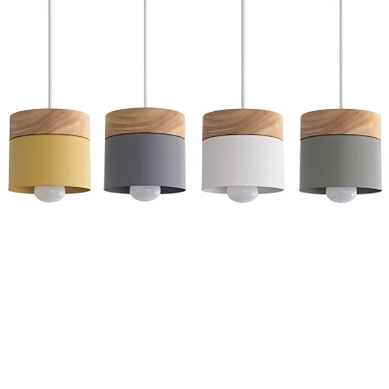 Indoor Macaroon Cylinder Pendant Light Wooden Mini Ceiling Lamp in Metal Shade