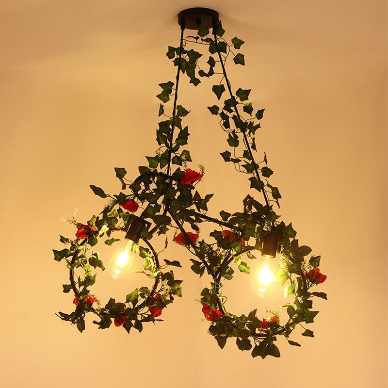 Black 2 Heads Cluster Pendant Farm Style Metal Bicycle Shaped Down Lighting with Plant Deco