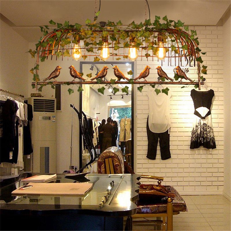 Island Ceiling Light Rural Birdcage Cast Iron Hanging Light Fixture with Bird and Leaf Deco