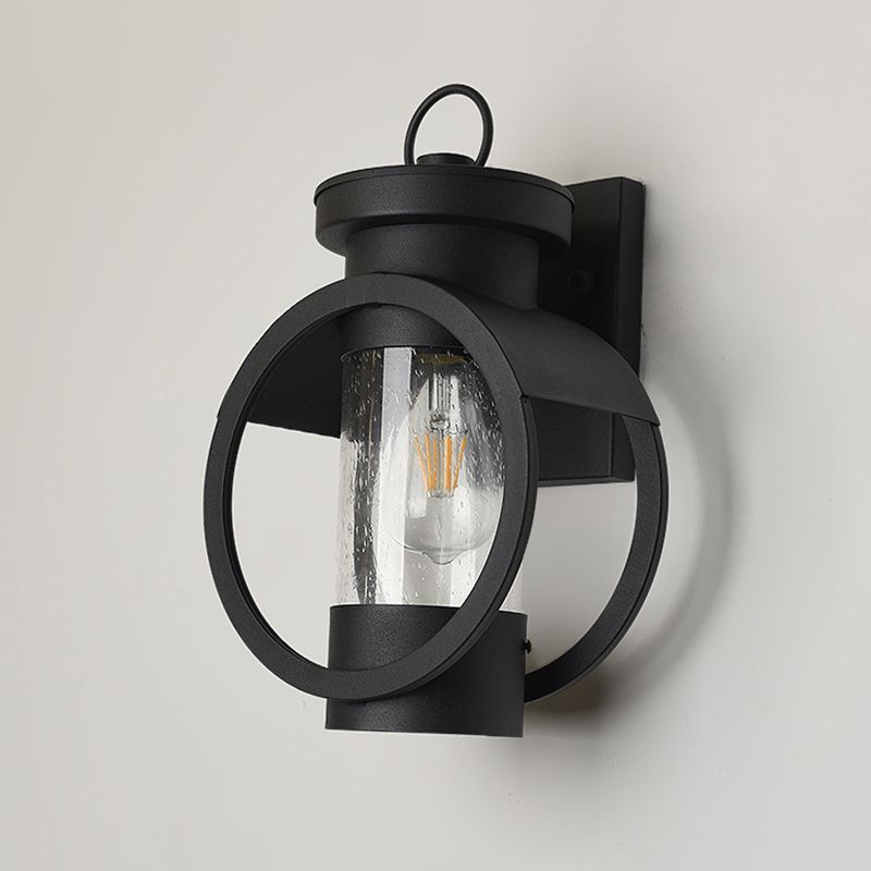 Cylindrical Courtyard Wall Sconce Traditional Seedy Glass 1-Bulb Black Wall Mount Lamp