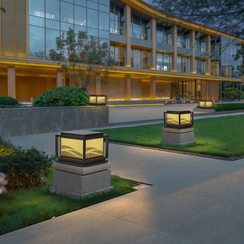 Metal Rectangle Shape Waterproof Pillar Lamp Modern 1 Light Outdoor Light in Black