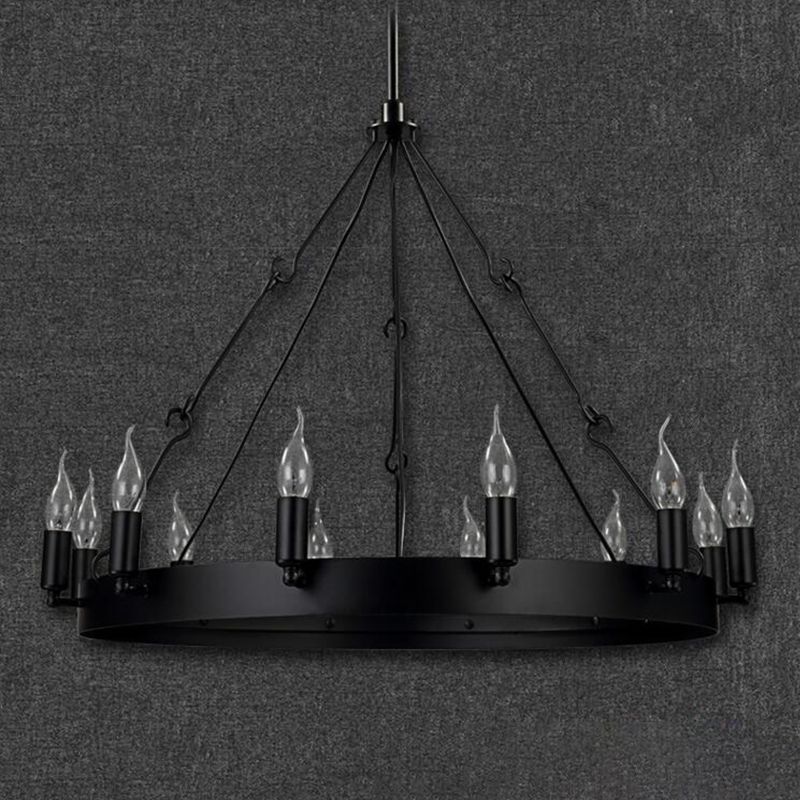 12/18 Lights Circle Chandelier Industrial Black Iron Hanging Lamp Kit with Bare Bulb Design