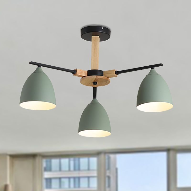 Nordic Dome Shade Drop Ceiling Light Multi-Light Wooden Hanging Chandelier in Green for Living Room