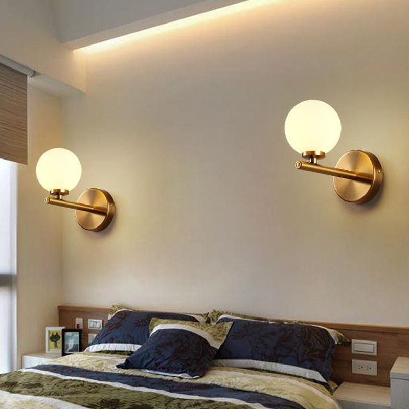 Spherical Wall Lighting Contemporary White Glass Bedside Wall Light Fixture in Gold