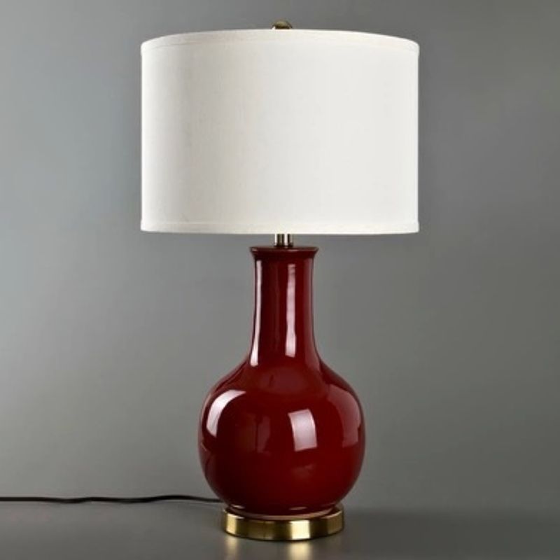 Drum Night Stand Light Modern Fabric 1 Head Living Room Table Lamp with Vase Ceramic Base in White/Red/Blue