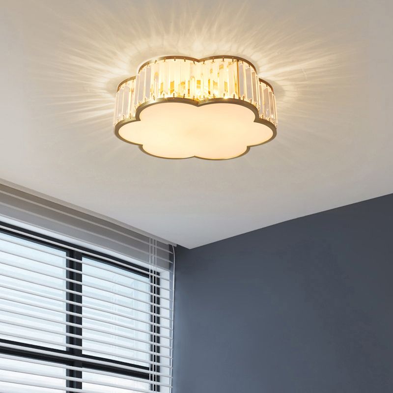 Brass Finish Floral Ceiling Lighting Simplicity 3-Light Crystal Flush Mount Fixture for Bedroom