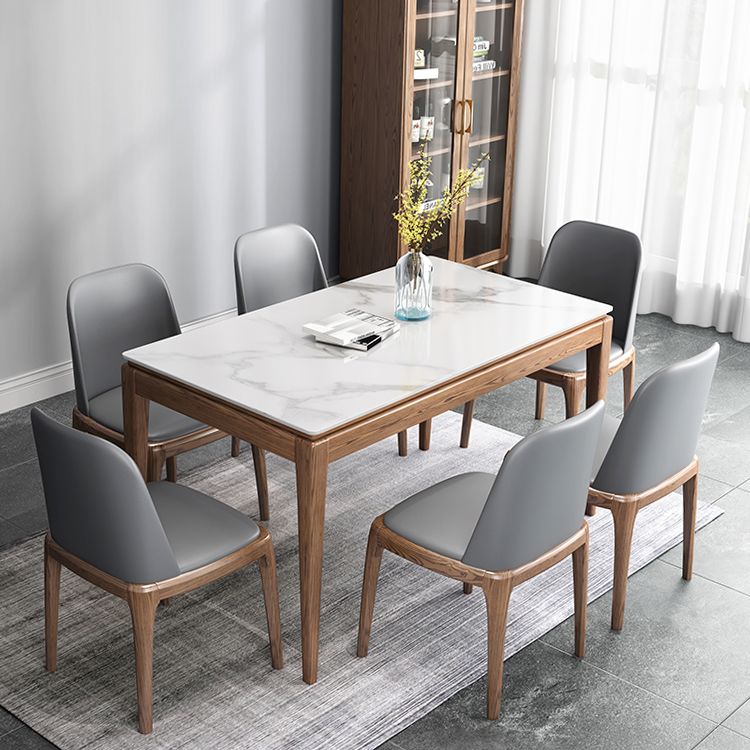 Mesa de comedor rectangular moderna de mediados de siglo, mesa de piedra sinterizada con base de madera de 4 patas