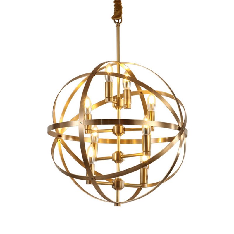 8 Bulbs Chandelier Lamp Traditional Candelabra Metallic Hanging Ceiling Light in Gold with Globe Wire Cage