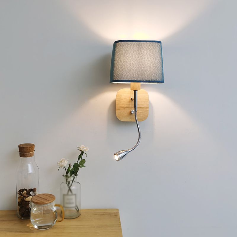 Geometric Fabric Reading Wall Light Nordic 2-Light Natural Wood Wall Lamp with Switch