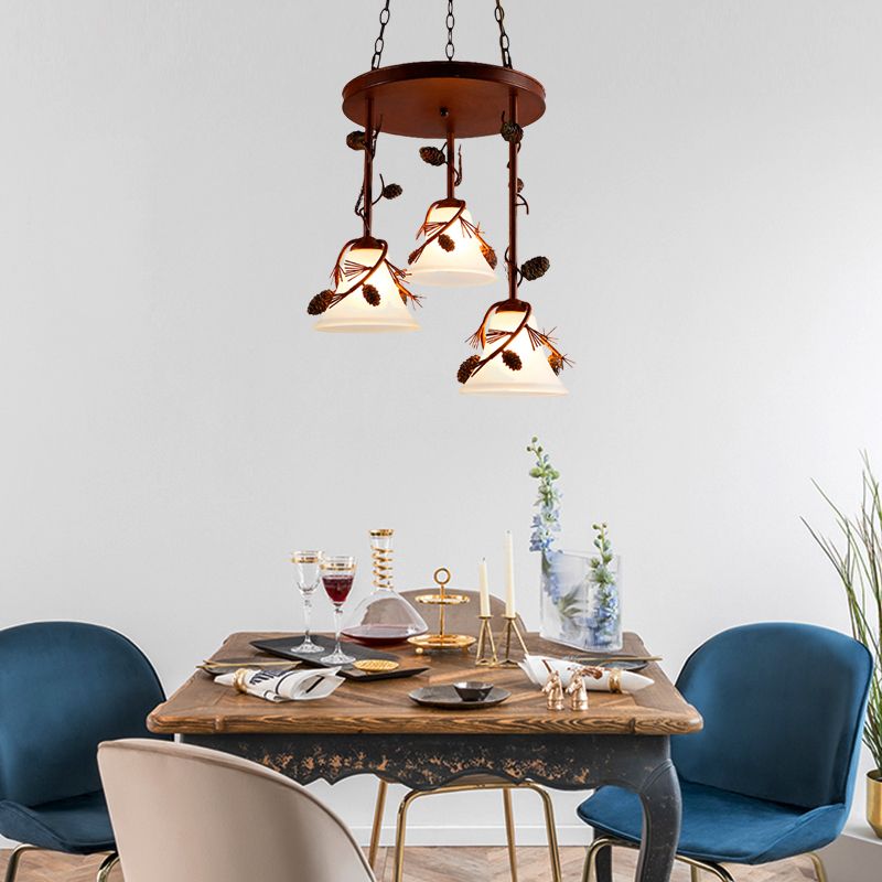 Bell Metal Chandelier Light Country 3 Lumières Pending Pendant Lighting en brun rouge