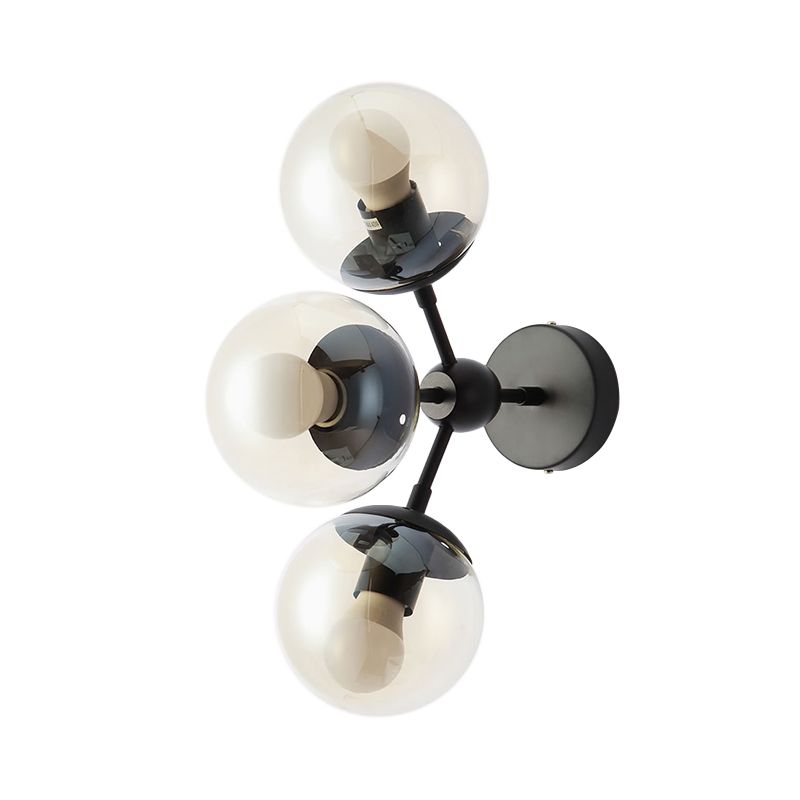 3 Bulbs Spherical Vanity Light Modern Clear Glass Wall Mounted Lighting in Black for Bathroom