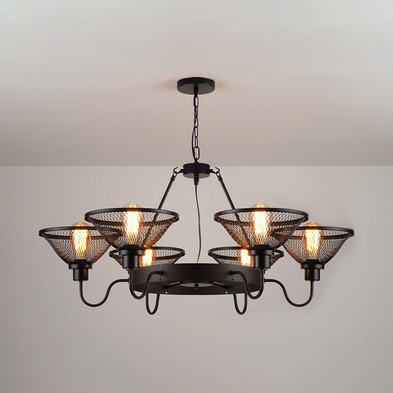 6/8-Light Flared Chandelier Lighting with Wire Mesh Shade Industrial Black Metal Down/Up Ceiling Light for Restaurant
