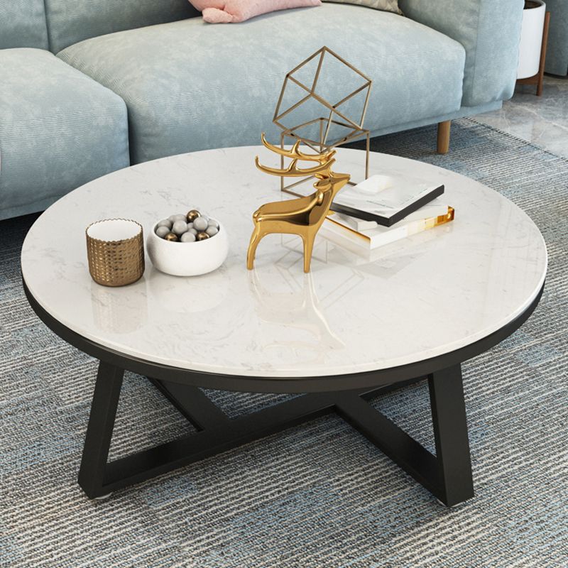 Glam Cross Legs Coffee Table Faux Marble Round Cocktail Table