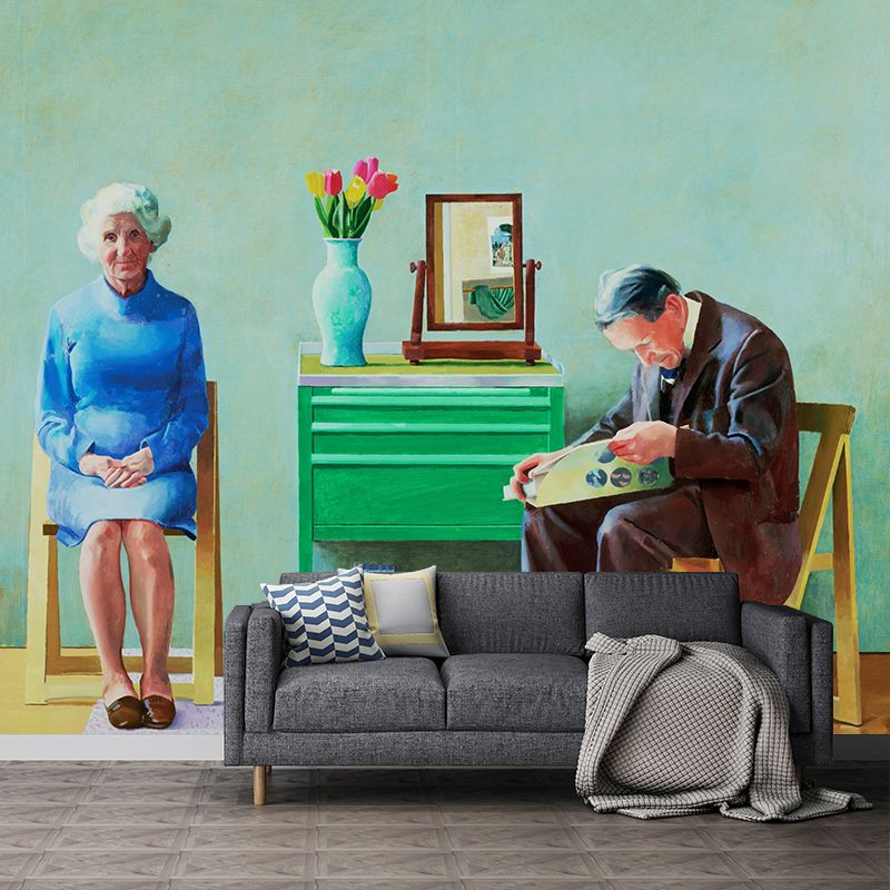 Old Couples Painting Wall Murals in Blue-Green Artistic Wall Covering for Living Room