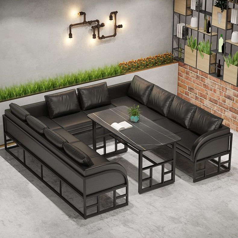Mesa de comedor industrial Mesa de piedra sinterizada negra con base de caballete negra
