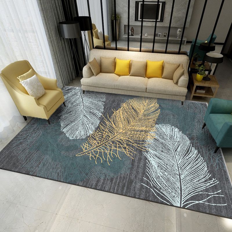 Trendy Modern Rug With Feather and Floral Print Creative Rectangle Carpet Polyester Anti-Slip Backing Rug for Living Room