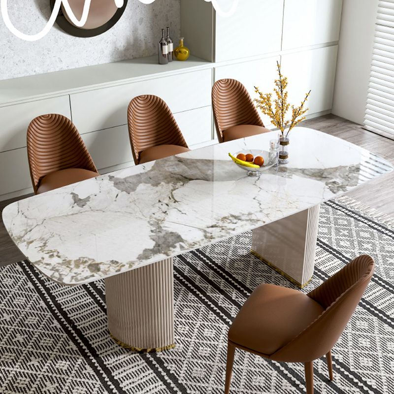 Luxury White Tone Dining Table Sintered Stone Table with Double Pedestal