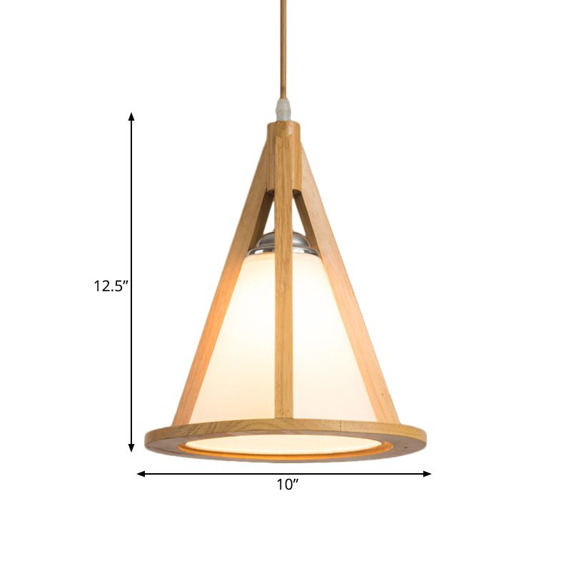 Horn Shaped Cage Wood Pendant Lamp Japanese Single Bulb Beige Ceiling Light with Shade