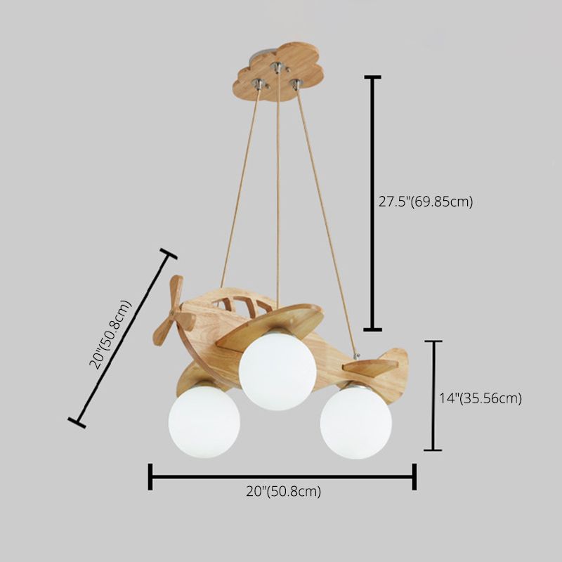 Solid Wood Airplane Shaped Chandelier Light 3-Light White Frosted Glass Ball Shade Lighting Fixture for Children Room