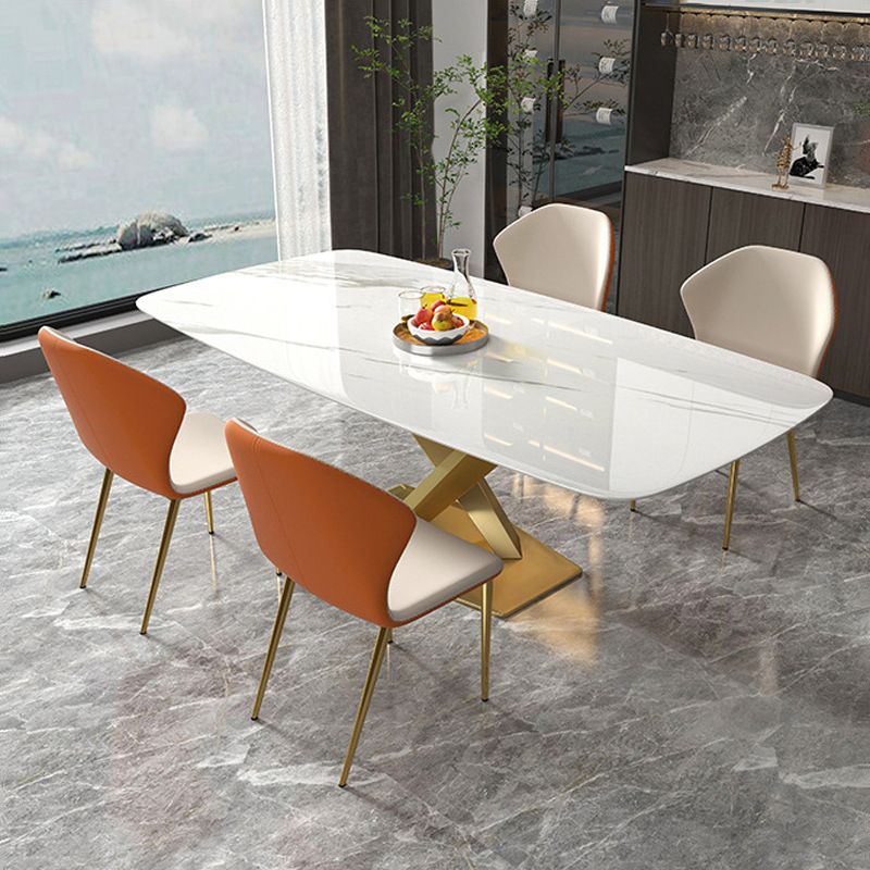 Tavolo da pranzo rettangolare contemporaneo in metallo tavolo in pietra sinterita con base di piedistallo