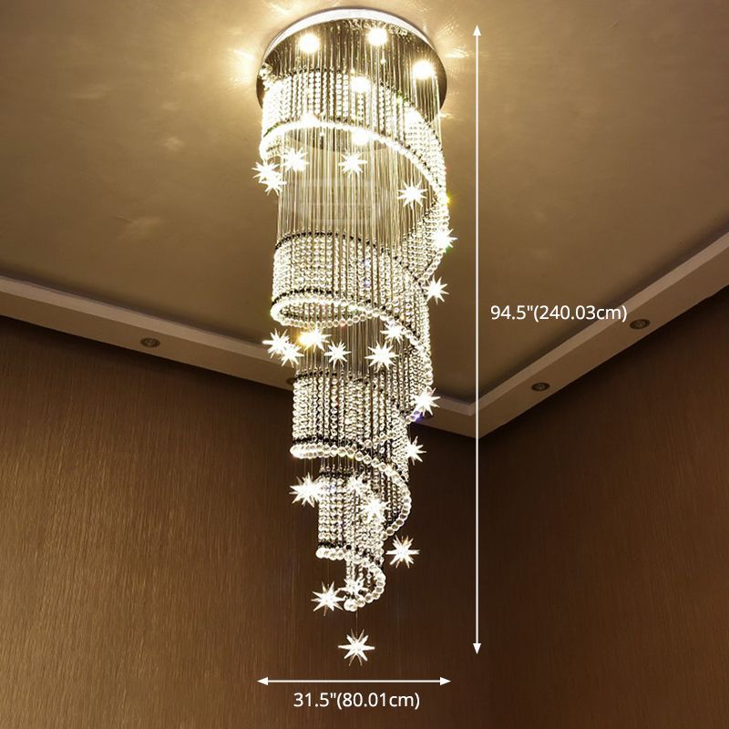 Iluminación colgante de cristal espiral lujosa luz de techo de led cromo moderno para escaleras
