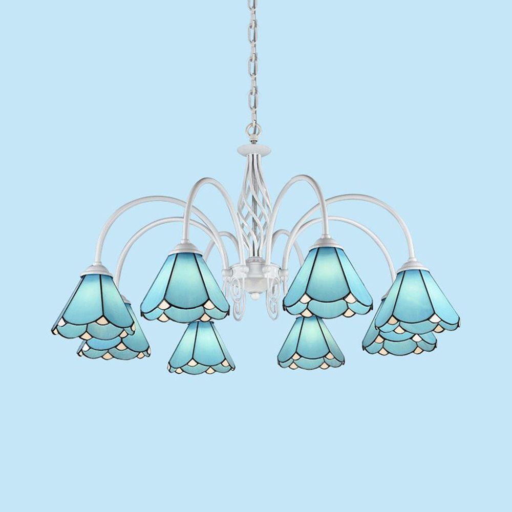 Tiffany Blue Hanging Light with Conical Shade Adjustable Chain Glass Ceiling Chandelier for Hallway