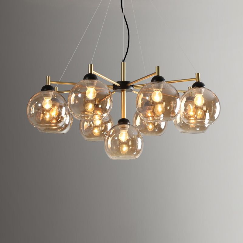 Post-Modern Globe Chandelier Lighting Amber Glass 9 Bulbs Living Room Ceiling Hang Fixture in Brass