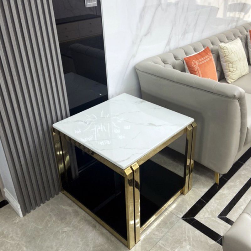 Square Stainless Steel Block End Table Modern Marble Top Corner Table Storage Side Table