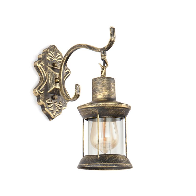 1 Bulb Kerosene Wall Mounted Light Fixture Rustic Style Aged Bronze Clear Glass Lighting with Carved Pattern