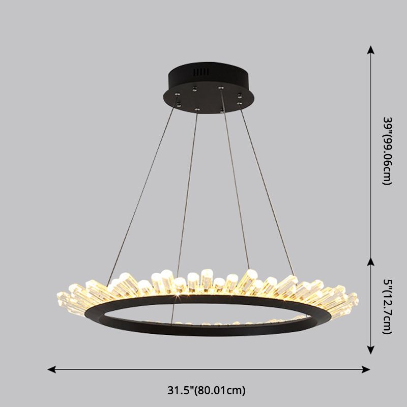 Minimalist Ring-Shape LED Chandelier Crystal Stick Living Room Hanging Light in Black