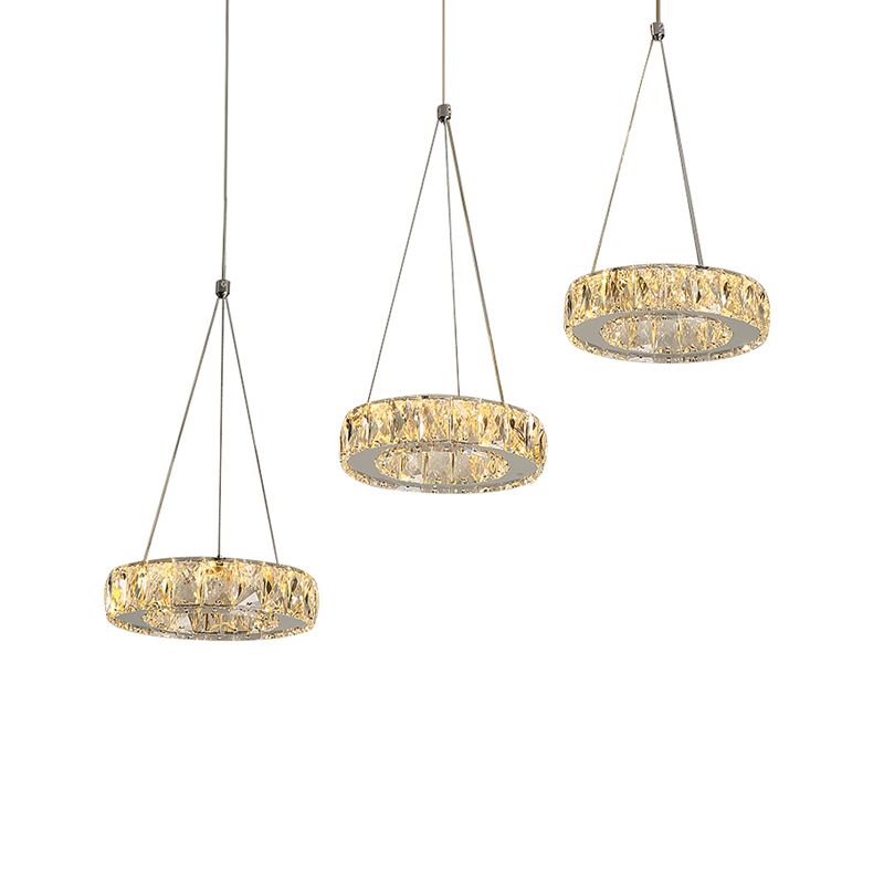 Modern 3-Ring Multi Suspension Pendant Clear Rectangular-Cut Crystals LED Plug in Swag Light in Stainless-Steel