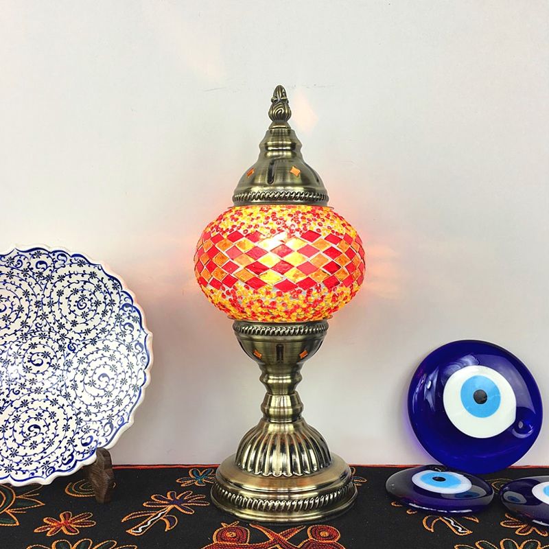 Single Night Stand Light Turkish Bedroom Table Lamp with Spherical Yellow/Red/Blue Glass Shade in Bronze