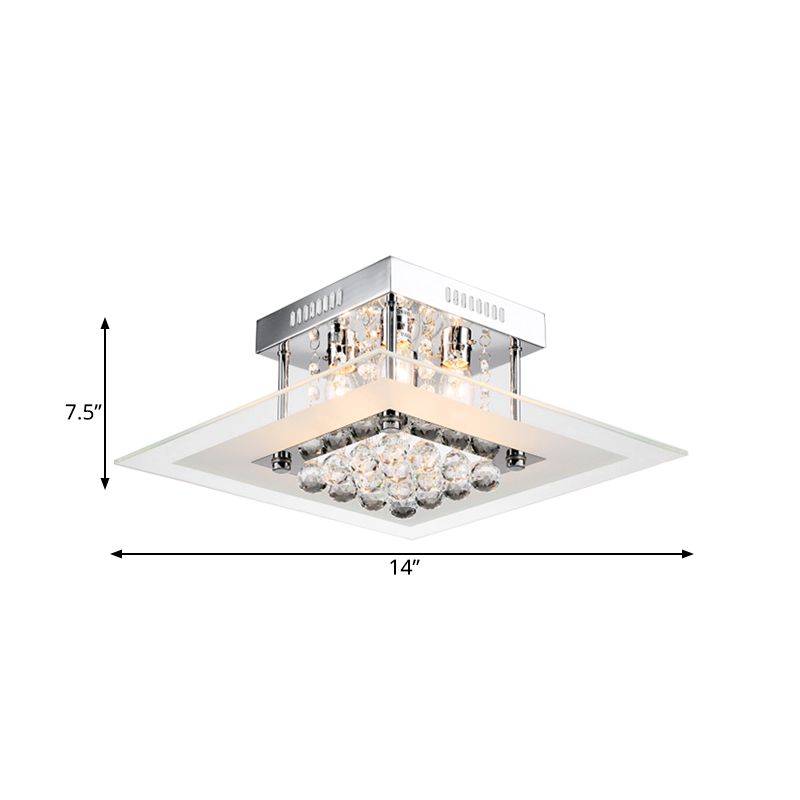 Square Crystal Flush Mount Modern Style 4-Light Chrome Finish Bedroom Ceiling Lamp