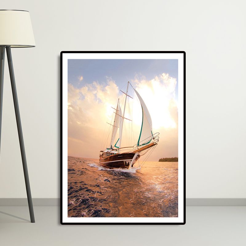 Sailing Vessel Wall Art Tropical Stunning Seascape Canvas Print in Gold for Bedroom