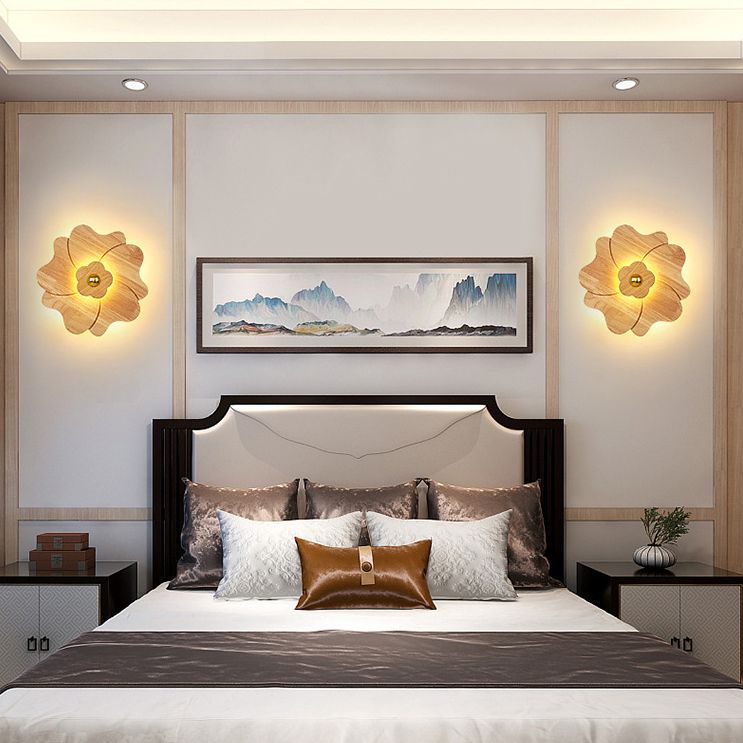 Flower Shape Wooden Sconce Light Chinese Style Wall Lighting Ideas for Bedroom Tearoom