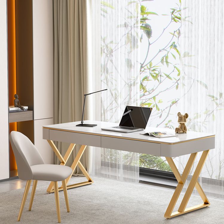 2-drawer Writing Desk White Modern Stone and Metal Office Desk