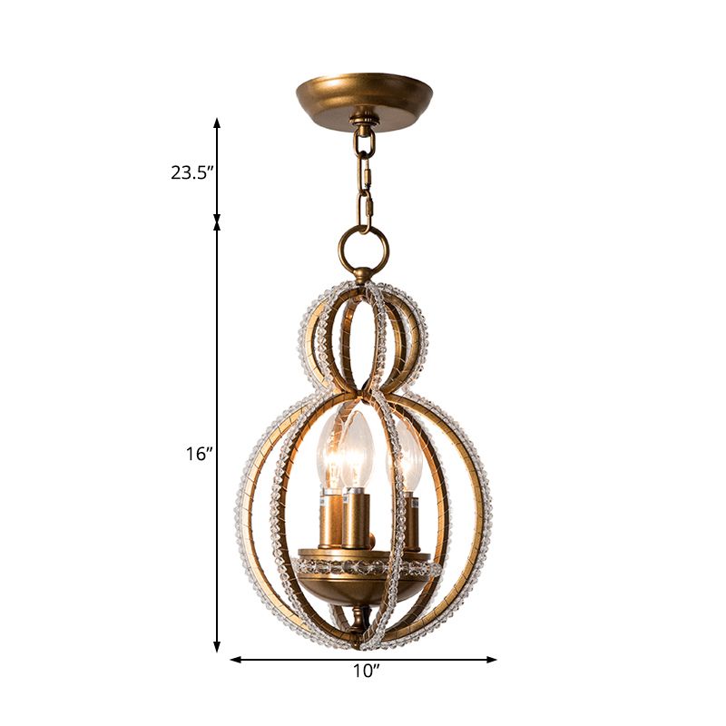 Gourd Metal Hanging Chandelier Retro 3 Heads Brass Ceiling Pendant Light with Crystal Bead