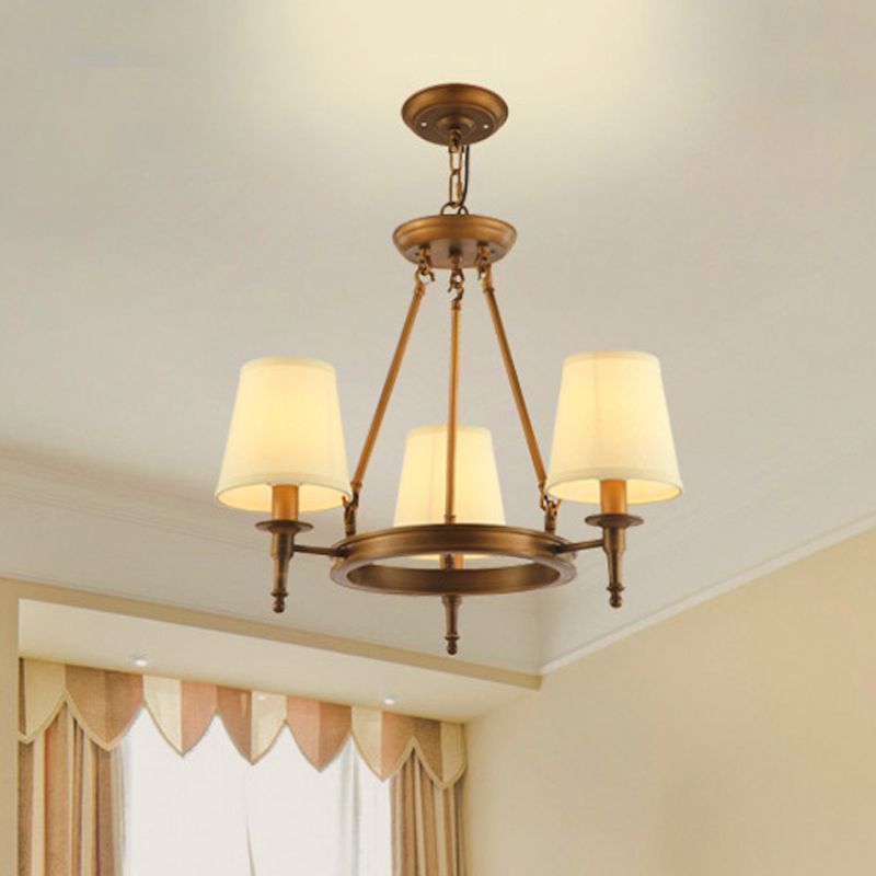 Conical Living Room Ceiling Chandelier Classic Fabric 3/6/8 Lights Antique Brass Hanging Fixture