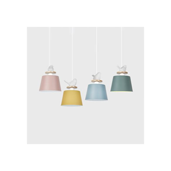 Aluminum Bucket Shade Hanging Light with Bird Deco 1 Bulb Macaron Pendant Lamp for Kid Bedroom