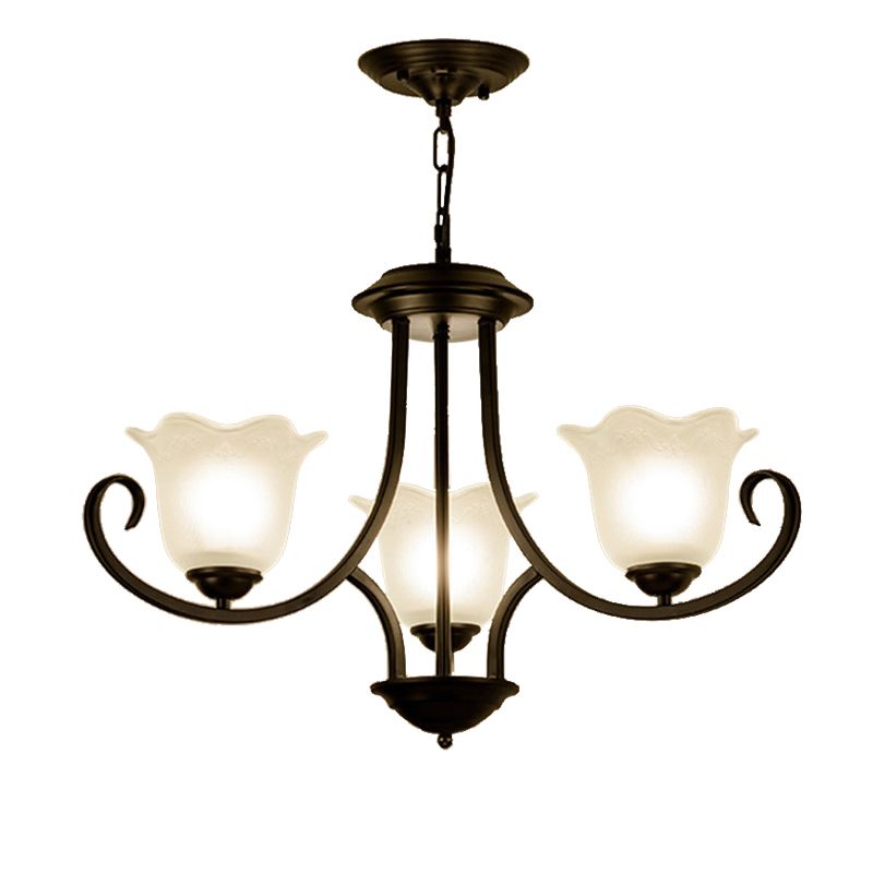 3/6/8 Lights Ceiling Light Traditional Flower Shape Frosted Glass Hanging Chandelier in Black for Living Room