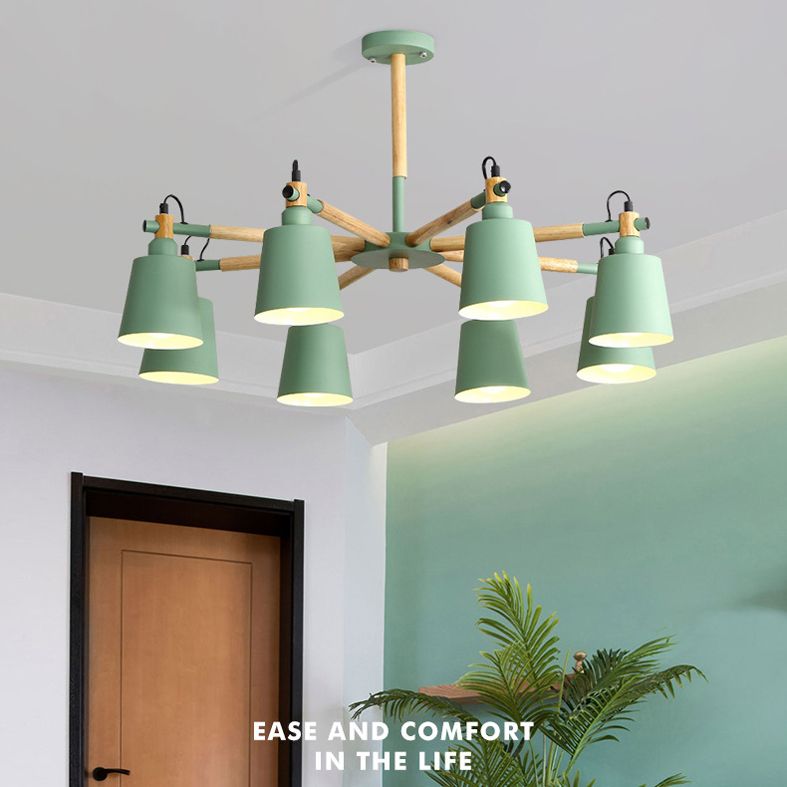 Wooden Sputnik Pendant Light in Nordic Style Wrought Iron Macaron Chandelier for Dining Room