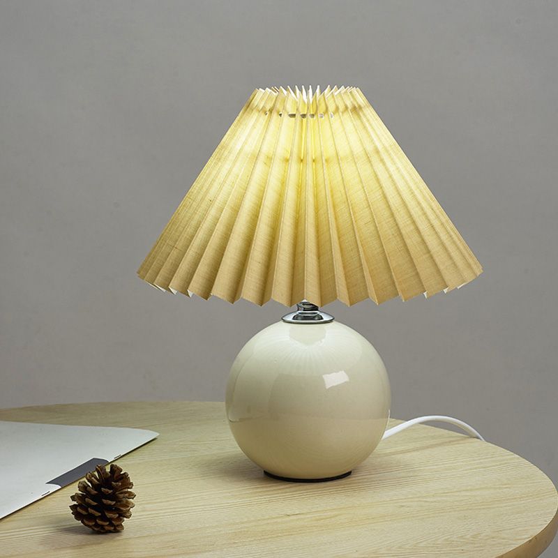 Globe Bedside Table Lamp Ceramic Modern Nightstand Lighting with Conical Pleated Shade