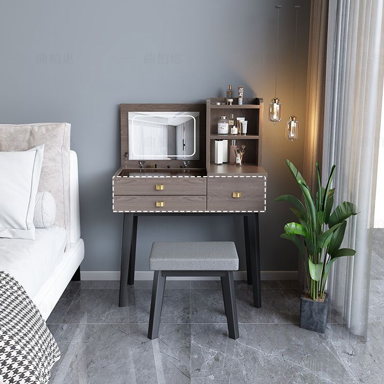 Flip-Top Vanity Table 3-Drawer Stool Vanity Set with Storage Shelves
