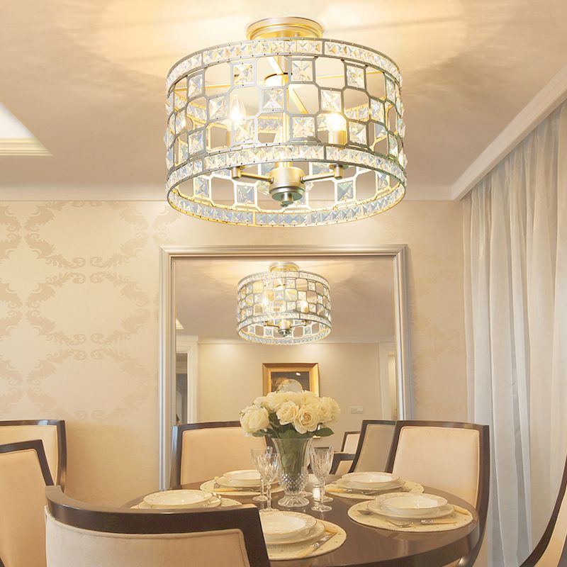 3 Bulbs Cylinder Semi Flush Light Traditionary Clear Glass Ceiling Mounted Fixture in Silver/Gold for Dining Room