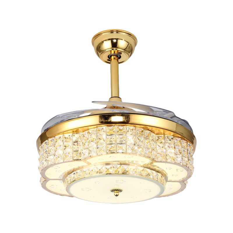 Salotto floreale a sospensione illuminazione ventola a pendente modernismo a led cristallo sfaccettato semi-filo in oro con 4 lale, 19 "w