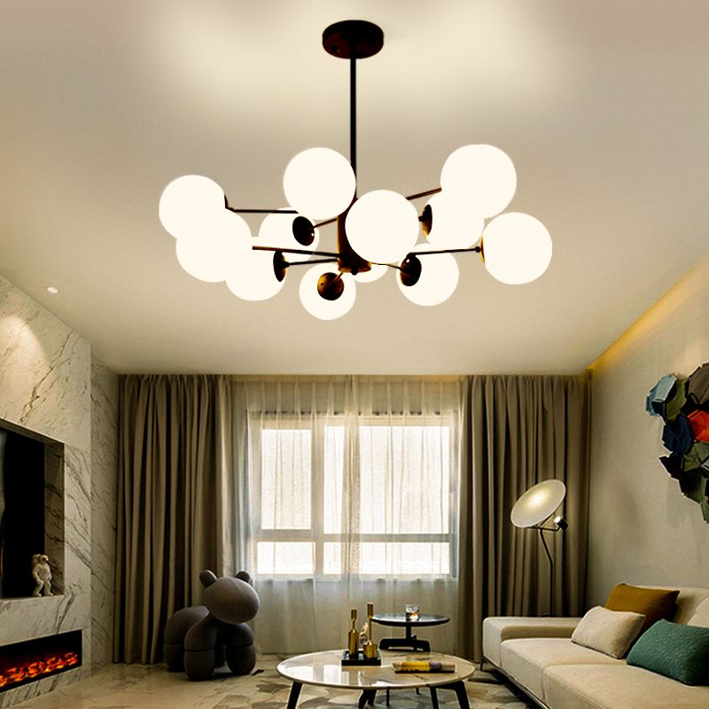 Frosted White Glass Ball Chandelier Postmodern Style Suspension Light with Burst Design